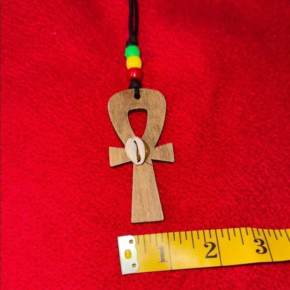 Wooden Ankh Pendant Necklace with Beads